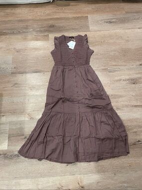 Quince Mauve Smocked Maxi Dress with Ruffled Sleeves